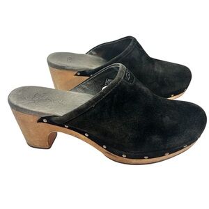 UGG Abbie Black Suede Mule Clog Sz 8 Wood Heel Studded Sherpa Lined Boho